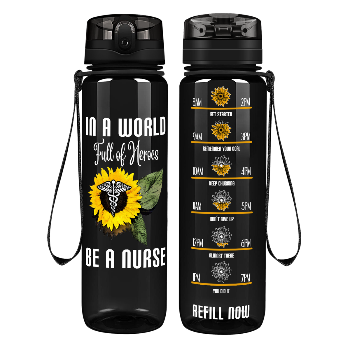In a World Full of Heroes be a Nurse on 32oz Motivational Tracking Water Bottle