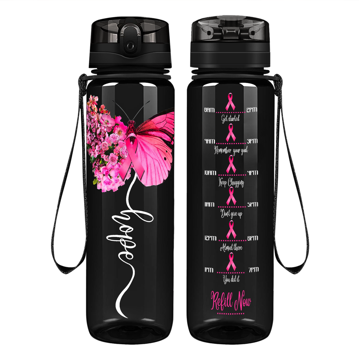 Breast Cancer Hope Butterfly on 32 oz Motivational Tracking Breast Cancer Awareness Water Bottle