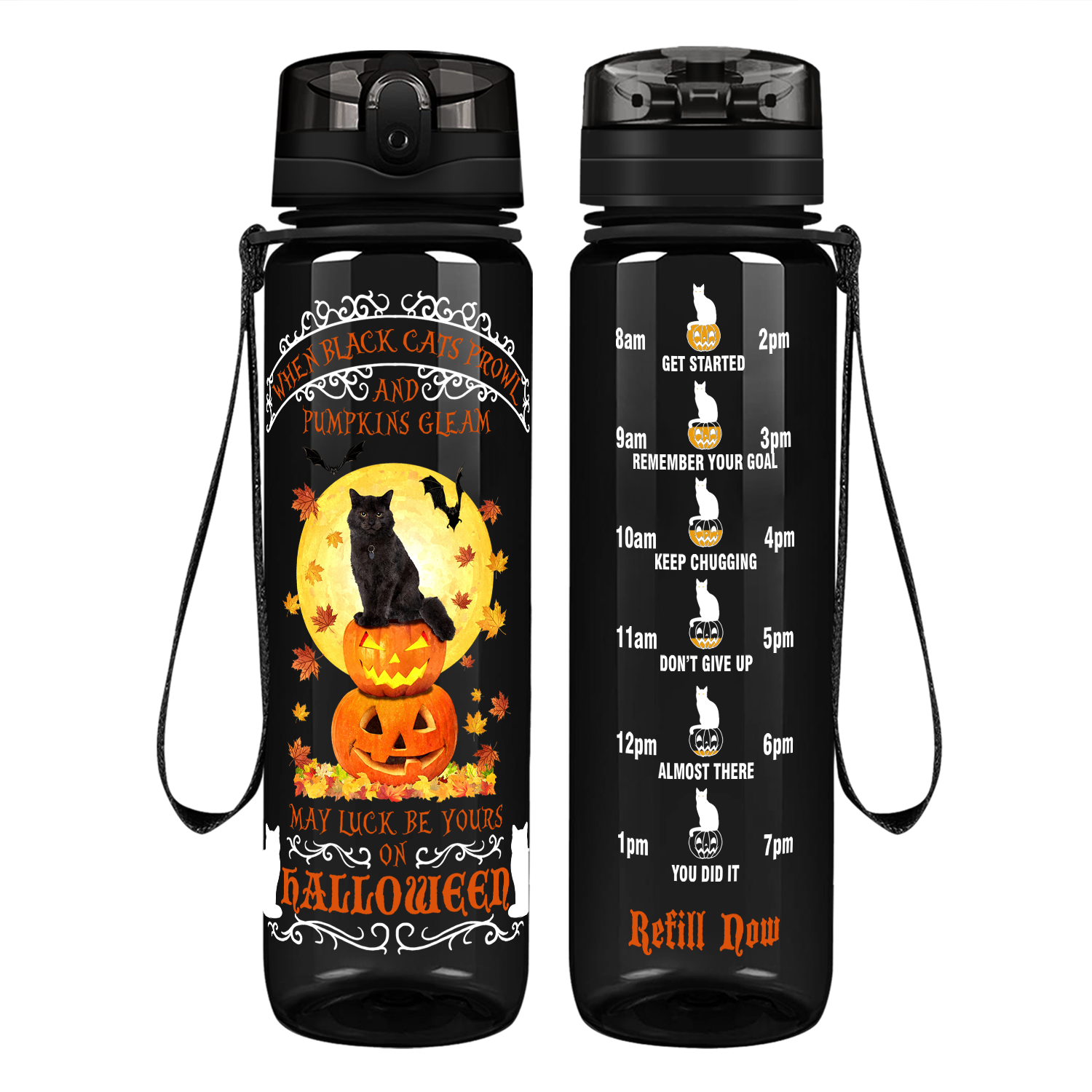 When Black Cats Prowl and Pumpkins Gleam on 32 oz Motivational Tracking Water Bottle