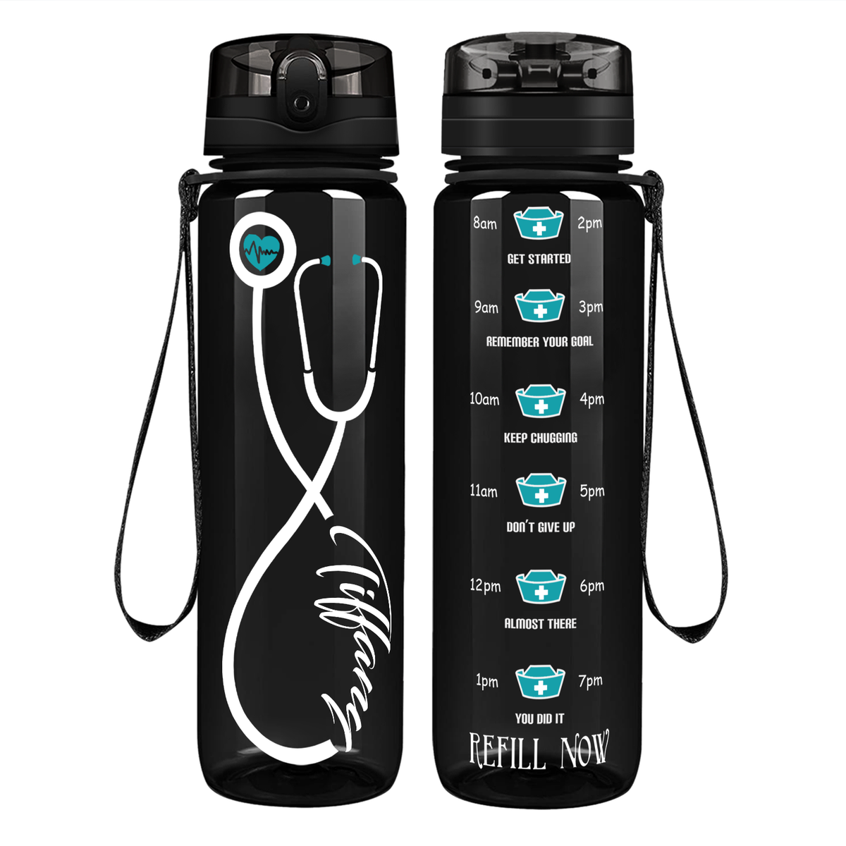 Personalized Nurse Stethoscope Seafoam on 32oz Motivational Tracking Water Bottle