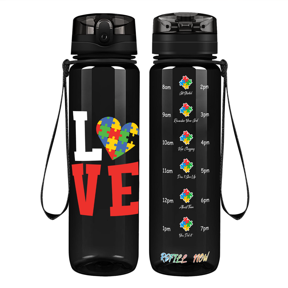 Autism Love on 32 oz Motivational Tracking Water Bottle