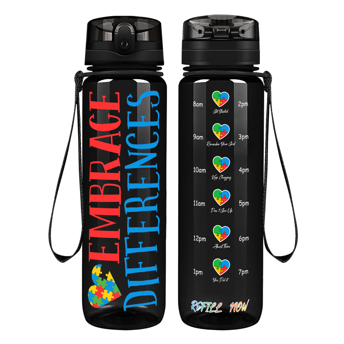 Embrace Differences on 32 oz Motivational Tracking Autism Water Bottle