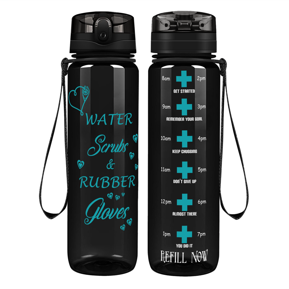Water Scrubs and Rubber Gloves on 32oz Motivational Tracking Nurse Water Bottle