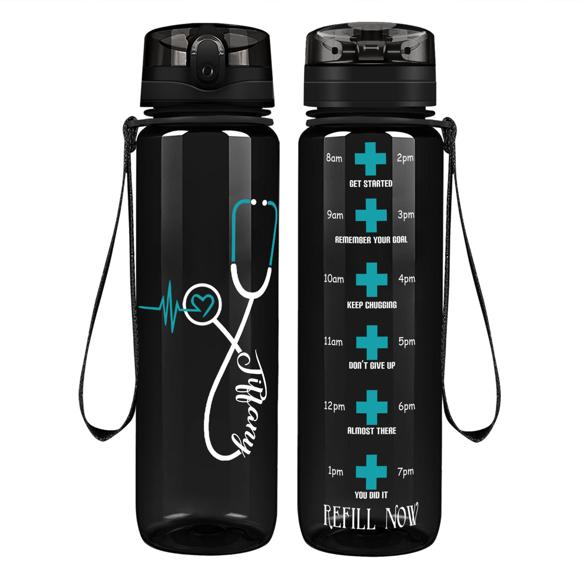 Personalized Seafoam Heart Nursing Stethoscope on 32oz Motivational Tracking Water Bottle