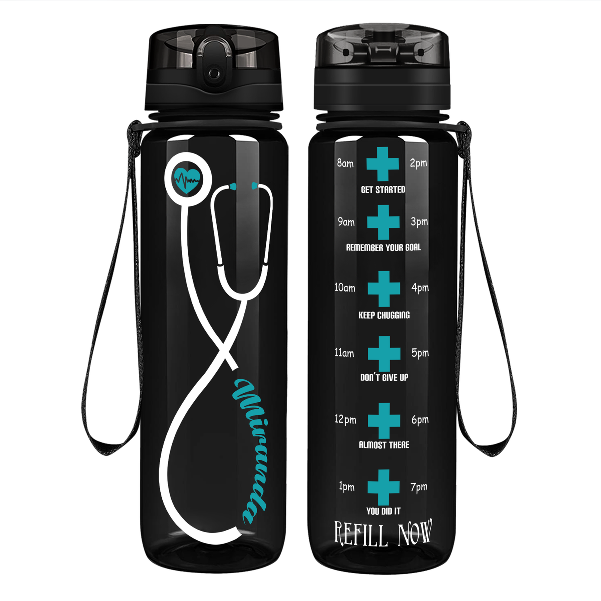 Personalized Heartbeat Nurse Stethoscope on 32oz Motivational Tracking Water Bottle