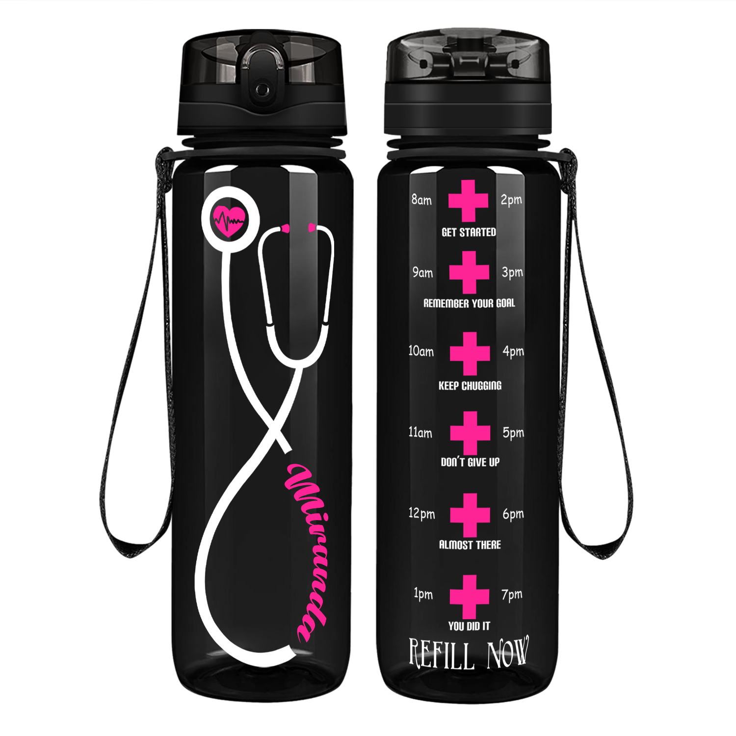 Personalized Heartbeat Nurse Pink Stethoscope Motivational Tracking Water Bottle