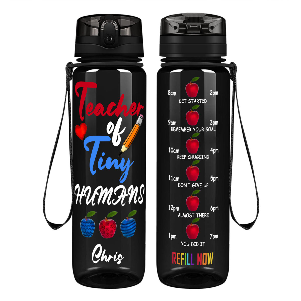 Personalized Teacher of Tiny Humans on 32 oz Motivational Tracking Water Bottle