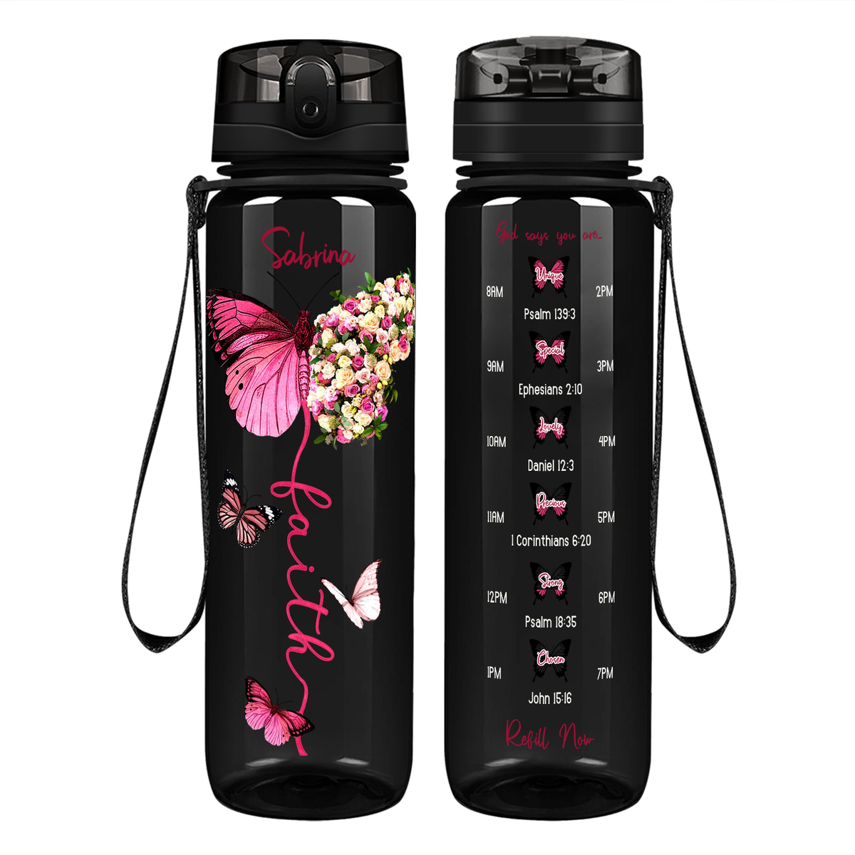 Personalized Faith Inspirational Pink Butterfly on 32 oz Motivational Tracking Water Bottle