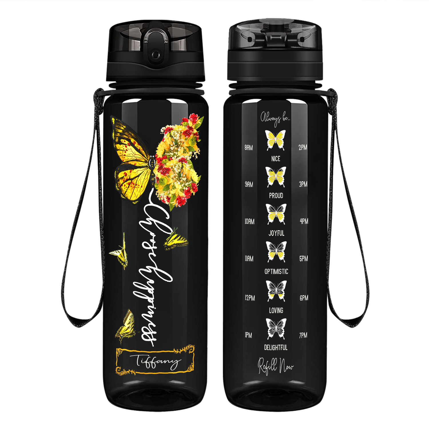 Personalized Choose Happiness Yellow Butterfly on 32 oz Motivational Tracking Water Bottle
