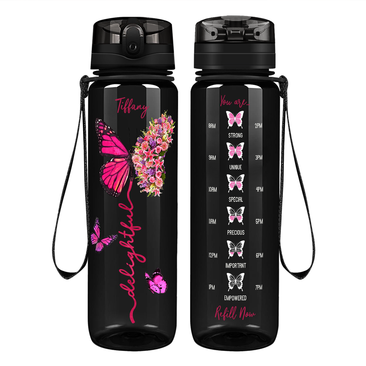 Personalized Delightful Inspirational Pink Butterfly on 32 oz Motivational Tracking Water Bottle