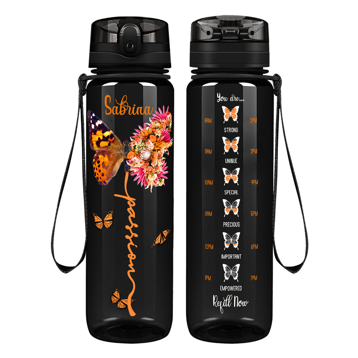 Personalized Passion Inspirational Peach Butterfly on 32 oz Motivational Tracking Water Bottle