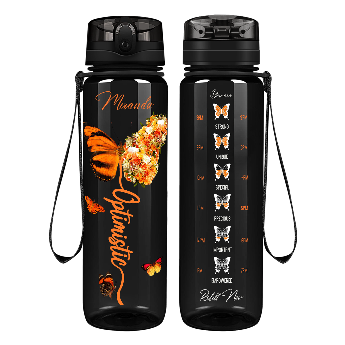 Personalized Optimistic Inspirational Orange Butterfly on 32 oz Motivational Tracking Water Bottle
