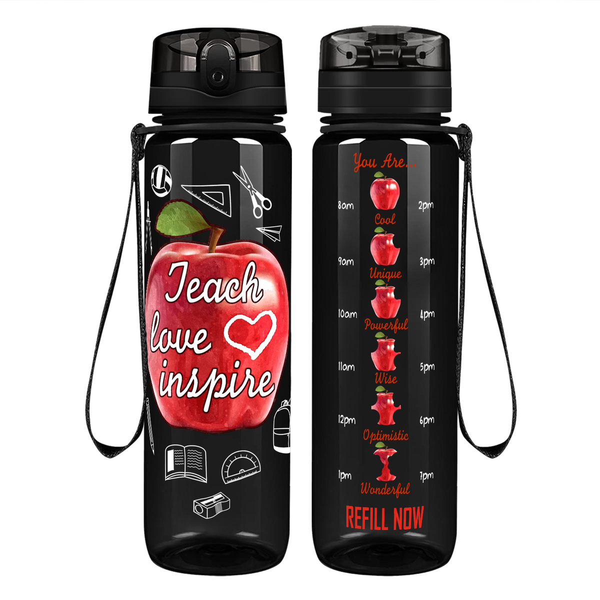 Teach Love Inspire Apple on 32 oz Motivational Tracking Water Bottle