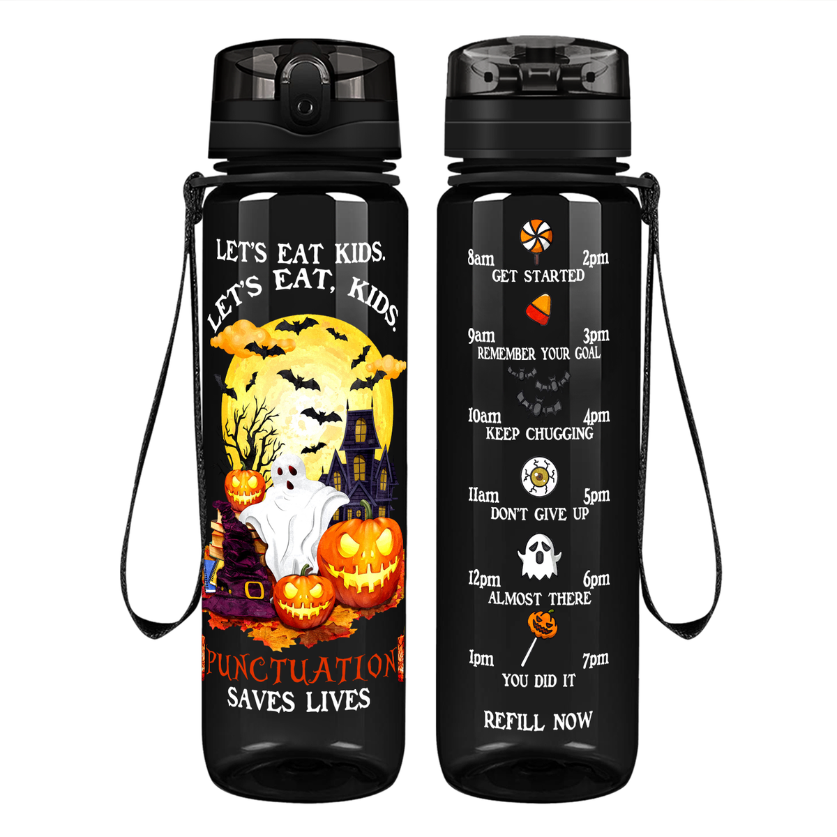 Let's Eat, Kids Punctuation Saves Lives on 32 oz Motivational Tracking Water Bottle