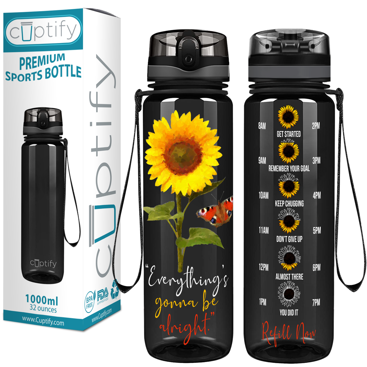Everything's Gonna be Alright Sunflower on Black 32 oz Motivational Tracking Sunflower Water Bottle
