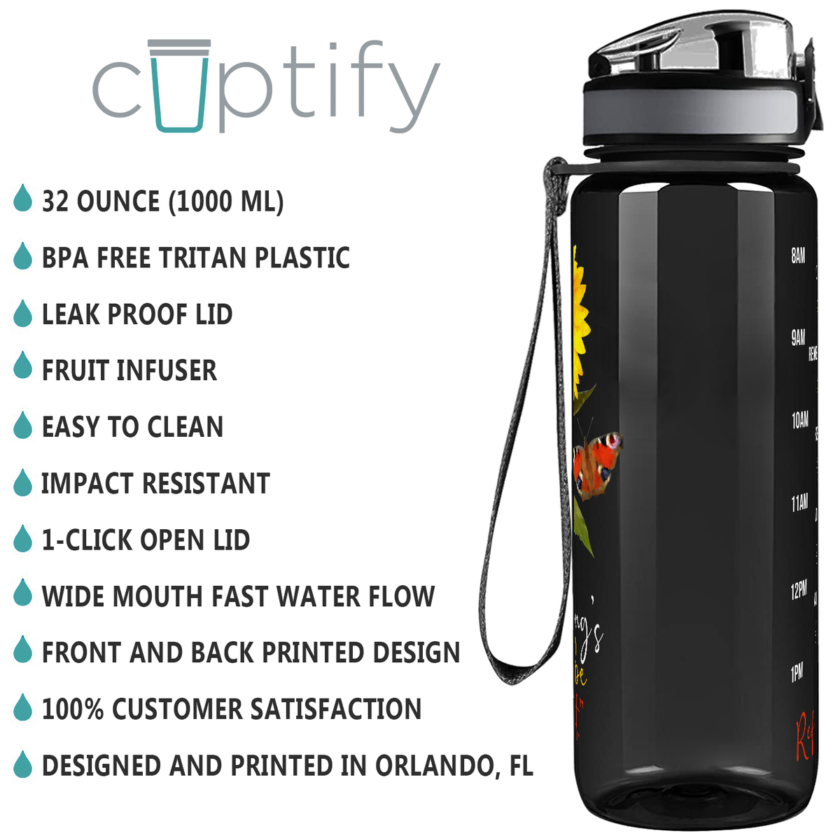 Everything's Gonna be Alright Sunflower on Black 32 oz Motivational Tracking Sunflower Water Bottle