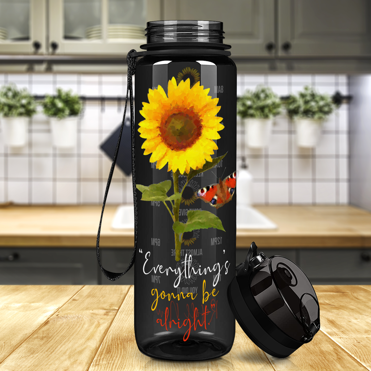 Everything's Gonna be Alright Sunflower on Black 32 oz Motivational Tracking Sunflower Water Bottle