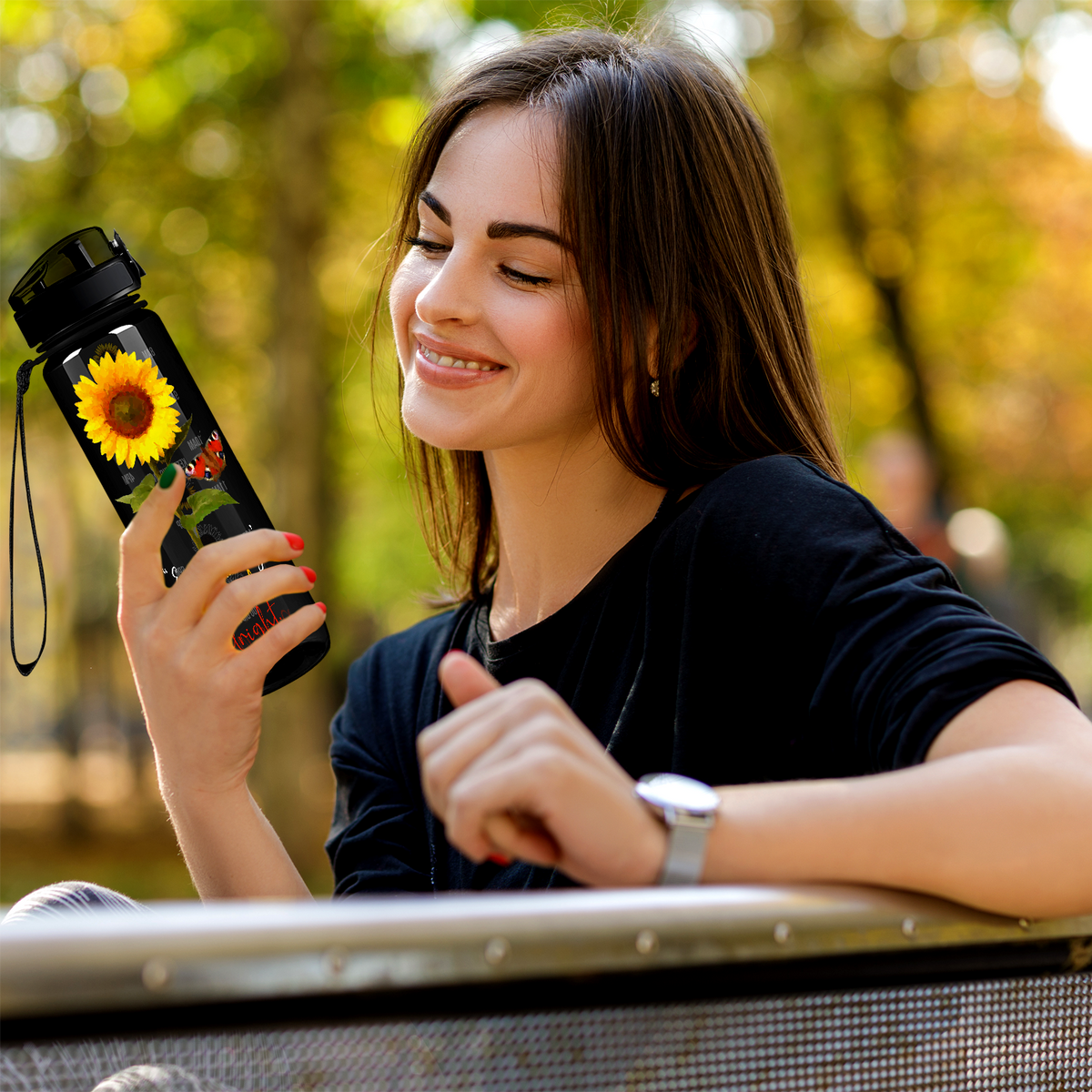 Everything's Gonna be Alright Sunflower on Black 32 oz Motivational Tracking Sunflower Water Bottle