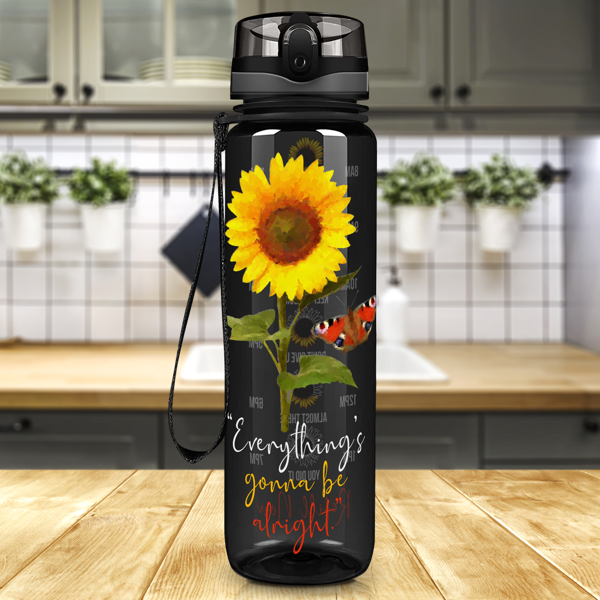 Everything's Gonna be Alright Sunflower on Black 32 oz Motivational Tracking Sunflower Water Bottle