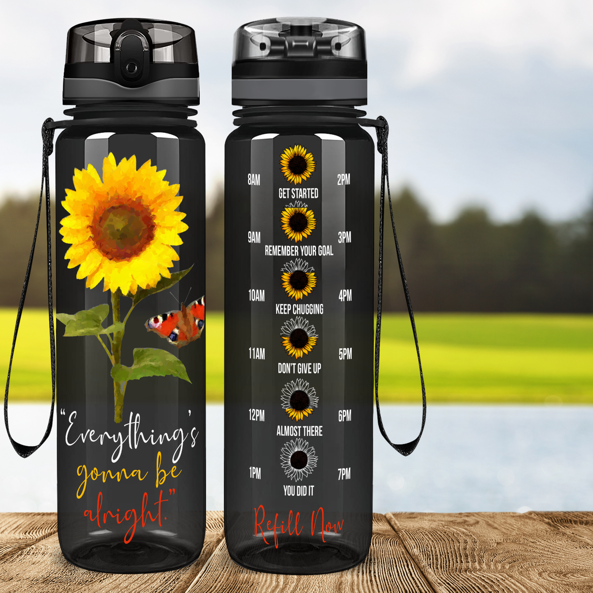 Everything's Gonna be Alright Sunflower on Black 32 oz Motivational Tracking Sunflower Water Bottle