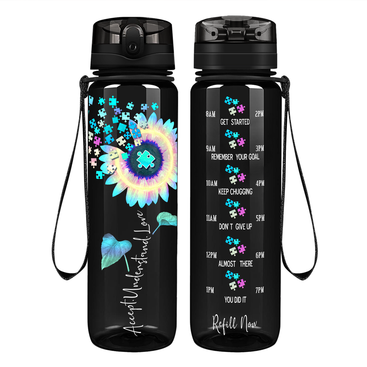 Accept Understand Love Autism Sunflower Motivational Tracking Water Bottle