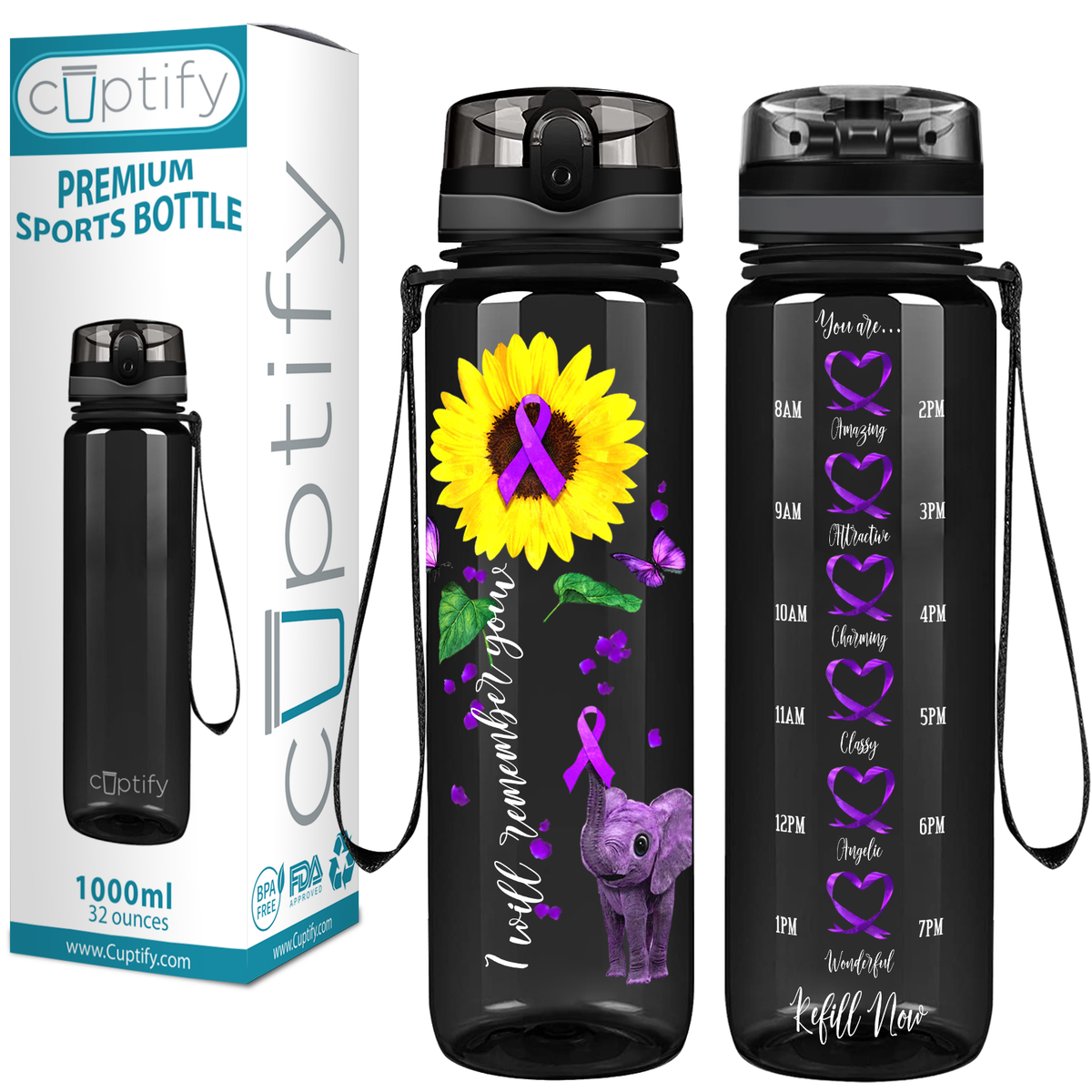 I Will Remember You Sunflower Purple Ribbon on Black 32 oz Motivational Tracking Sunflower Water Bottle
