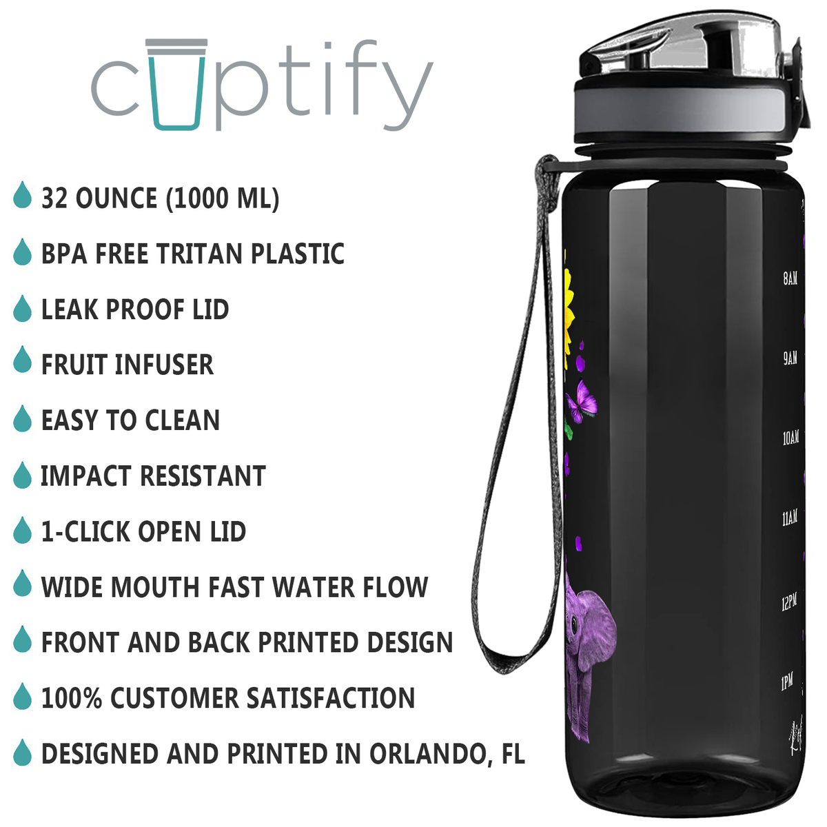 I Will Remember You Sunflower Purple Ribbon on Black 32 oz Motivational Tracking Sunflower Water Bottle