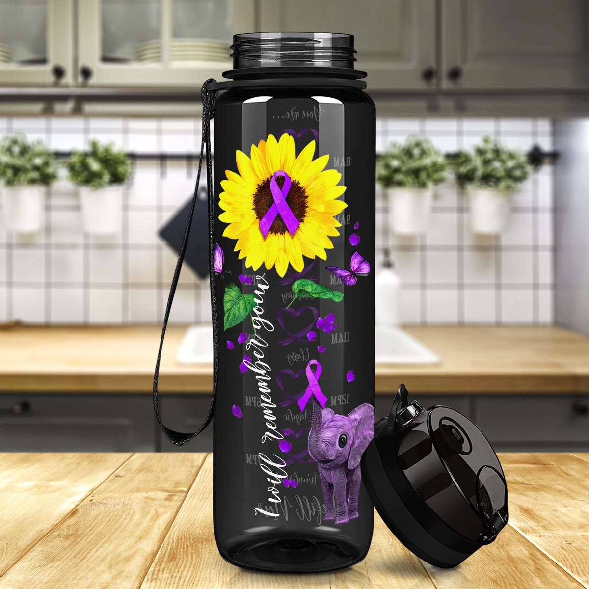 I Will Remember You Sunflower Purple Ribbon on Black 32 oz Motivational Tracking Sunflower Water Bottle