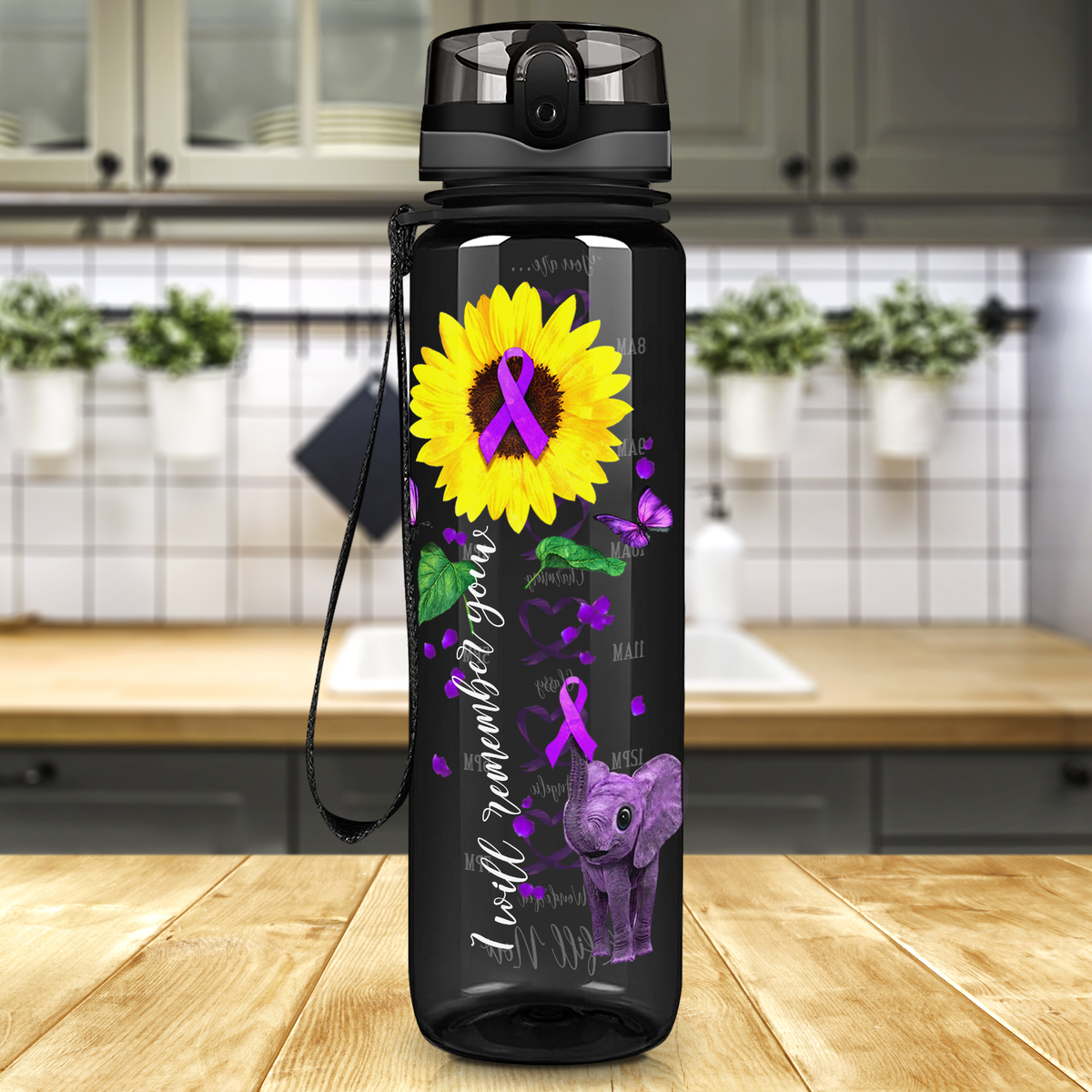 I Will Remember You Sunflower Purple Ribbon on Black 32 oz Motivational Tracking Sunflower Water Bottle