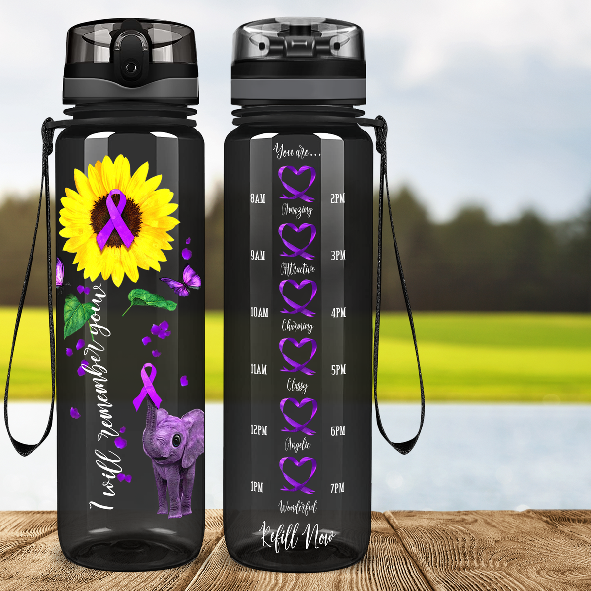 I Will Remember You Sunflower Purple Ribbon on Black 32 oz Motivational Tracking Sunflower Water Bottle