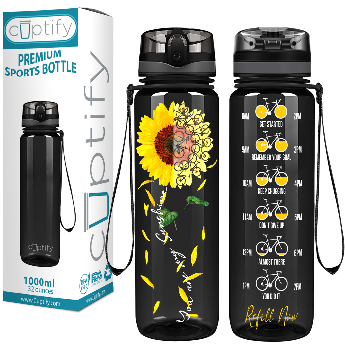 You are my Sunshine Sunflower Bicycle Lover on Black 32 oz Motivational Tracking Sunflower Water Bottle