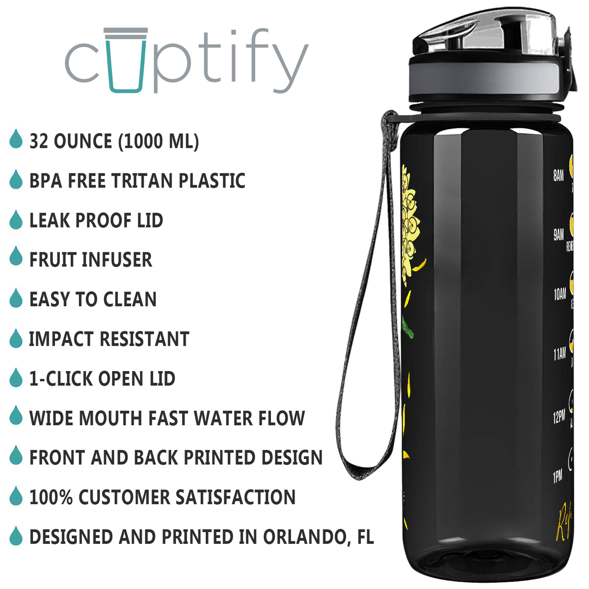 You are my Sunshine Sunflower Bicycle Lover on Black 32 oz Motivational Tracking Sunflower Water Bottle