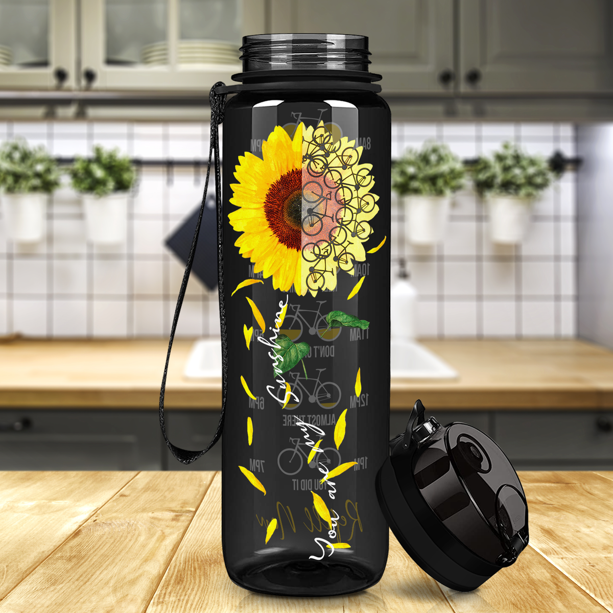 You are my Sunshine Sunflower Bicycle Lover on Black 32 oz Motivational Tracking Sunflower Water Bottle