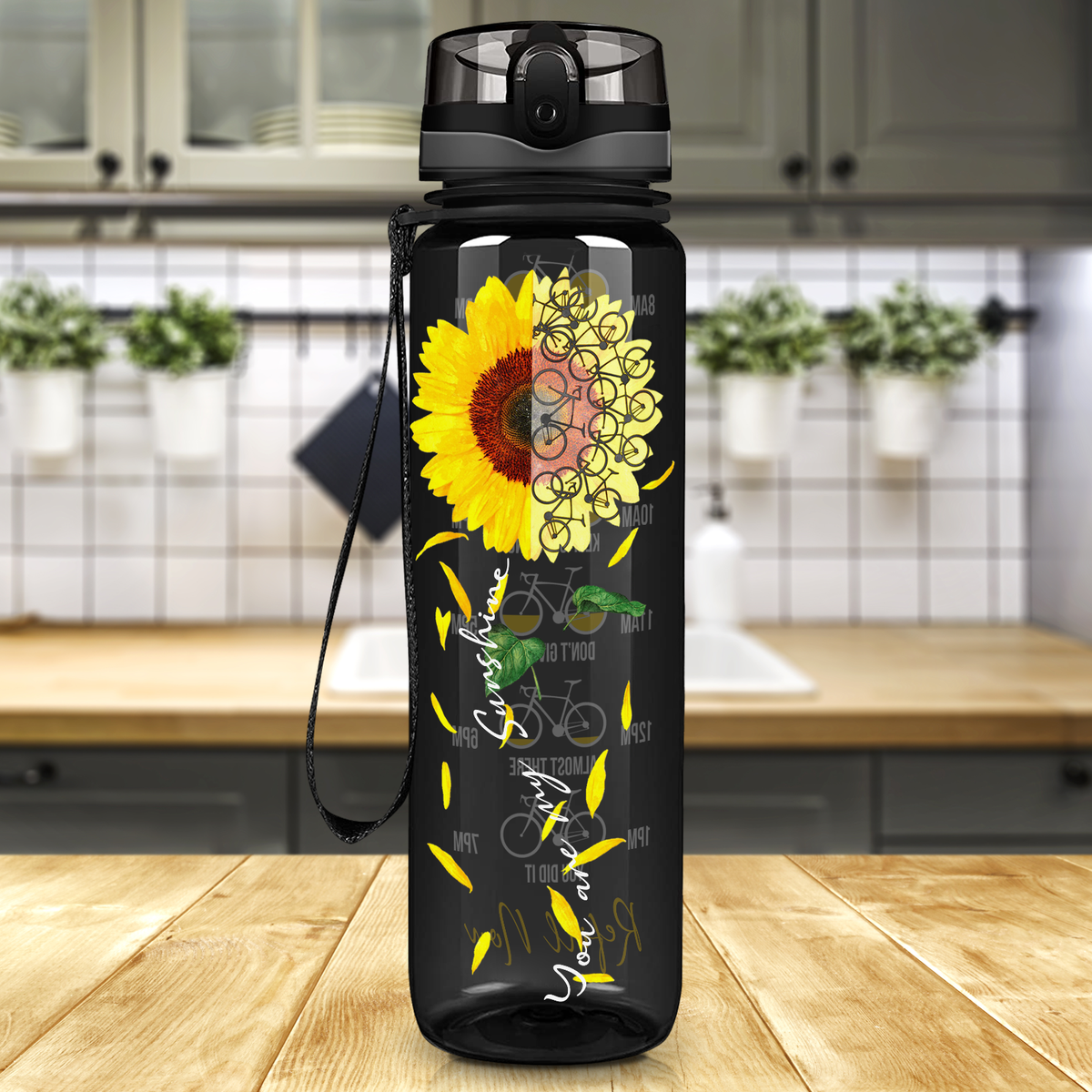 You are my Sunshine Sunflower Bicycle Lover on Black 32 oz Motivational Tracking Sunflower Water Bottle