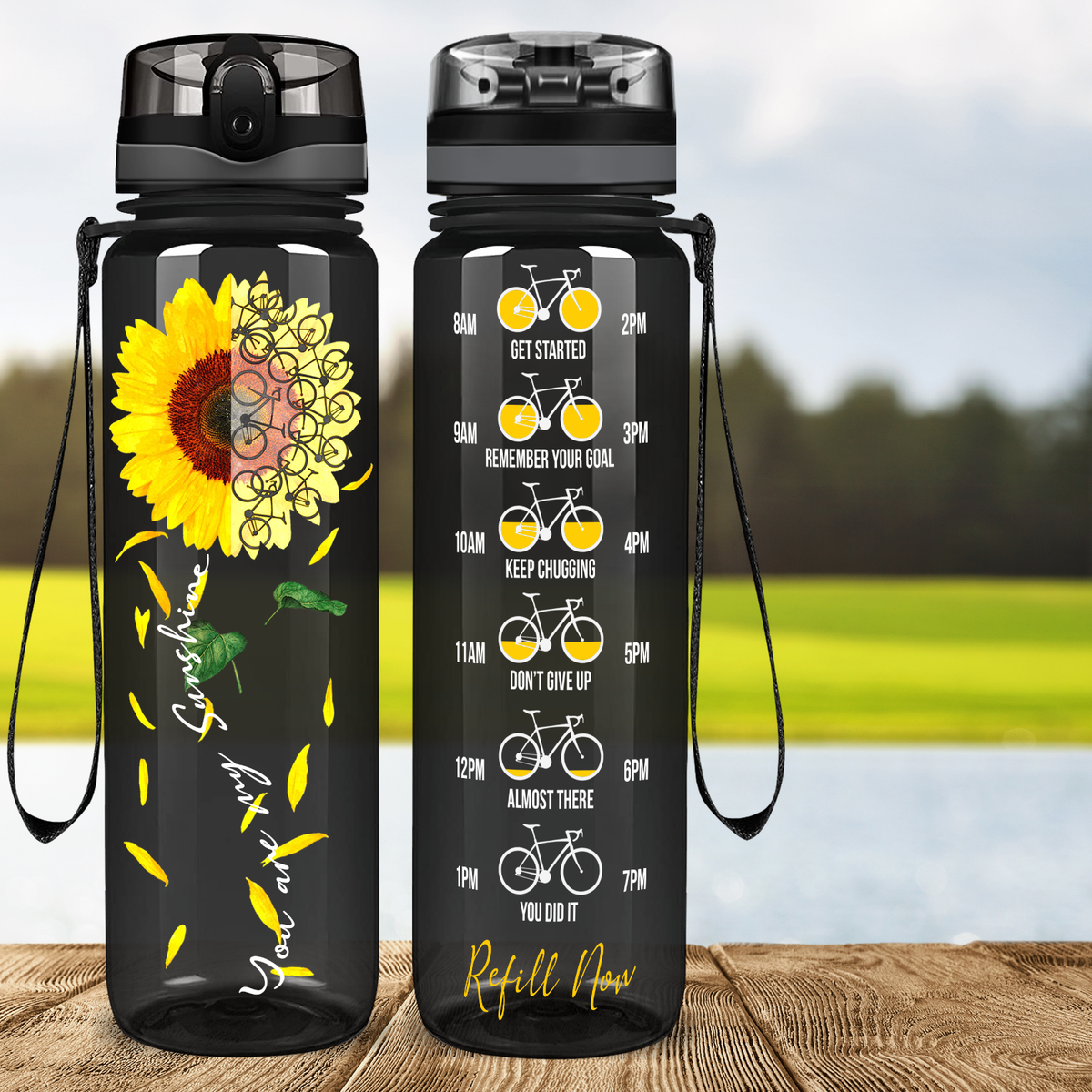 You are my Sunshine Sunflower Bicycle Lover on Black 32 oz Motivational Tracking Sunflower Water Bottle