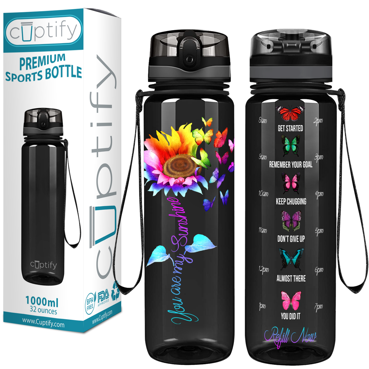 You are my Sunshine Rainbow SunFlower on Black 32 oz Motivational Tracking Sunflower Water Bottle