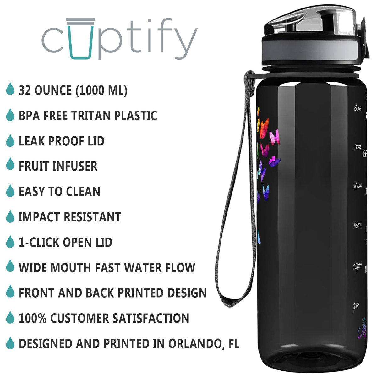 You are my Sunshine Rainbow SunFlower on Black 32 oz Motivational Tracking Sunflower Water Bottle