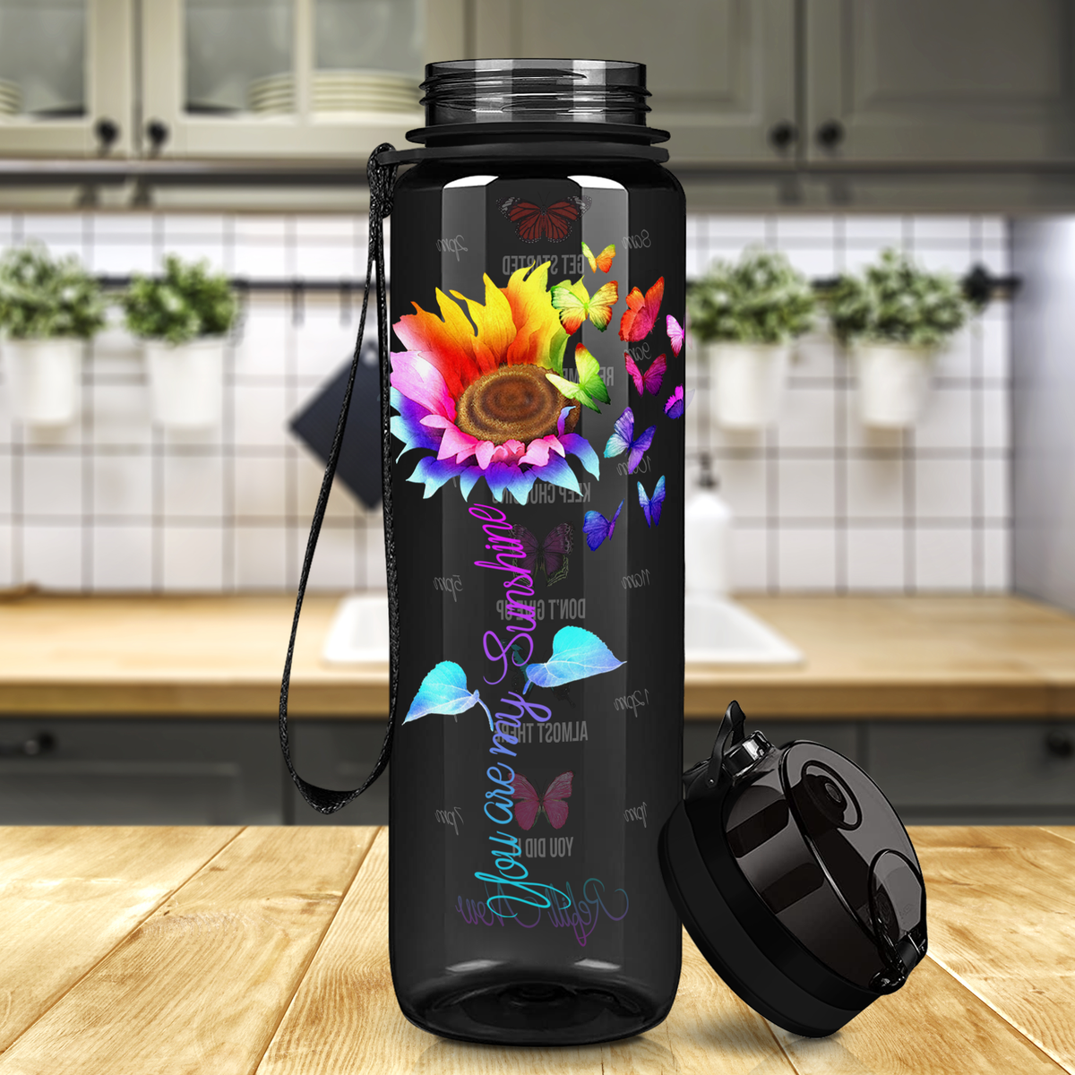 You are my Sunshine Rainbow SunFlower on Black 32 oz Motivational Tracking Sunflower Water Bottle