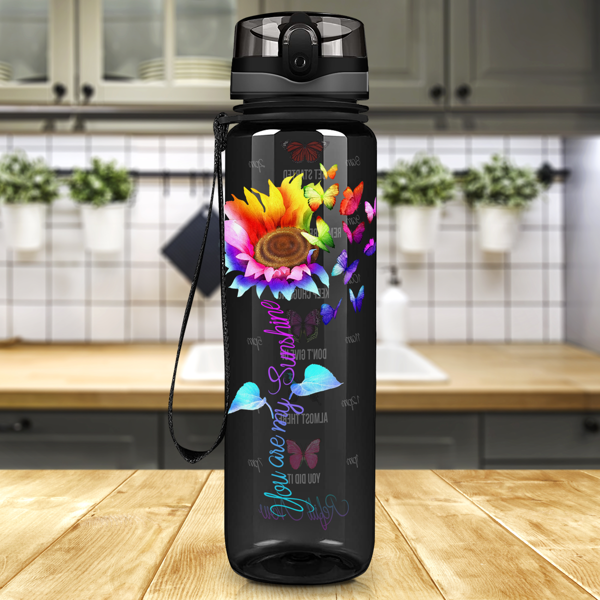 You are my Sunshine Rainbow SunFlower on Black 32 oz Motivational Tracking Sunflower Water Bottle