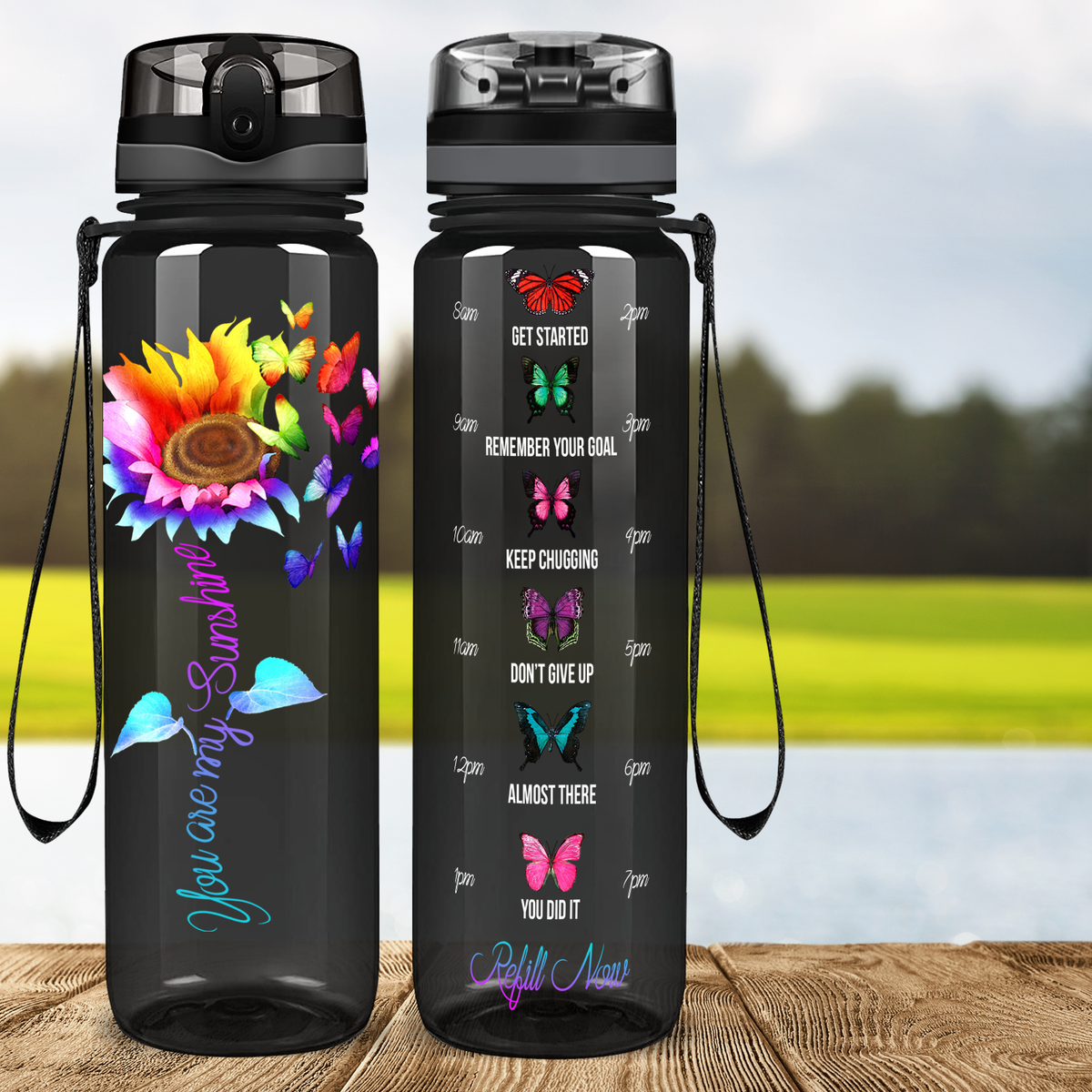 You are my Sunshine Rainbow SunFlower on Black 32 oz Motivational Tracking Sunflower Water Bottle