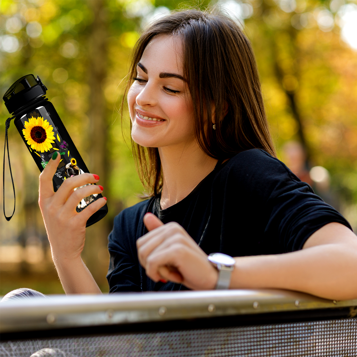 You are my Sunshine Sunflower Bulldog on Black 32 oz Motivational Tracking Sunflower Water Bottle