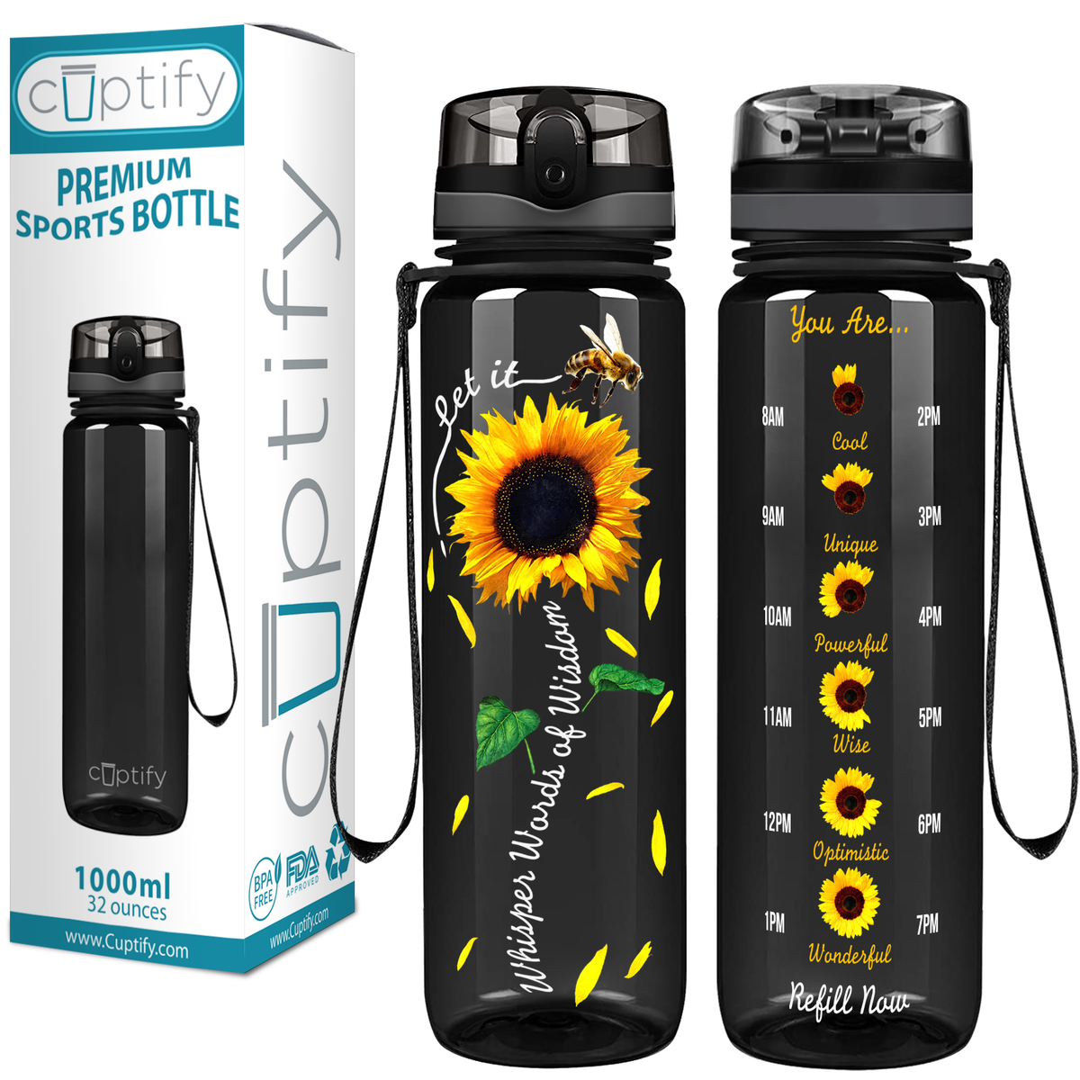 Whisper Words of Wisdom Sunflower on Black 32 oz Motivational Tracking Sunflower Water Bottle