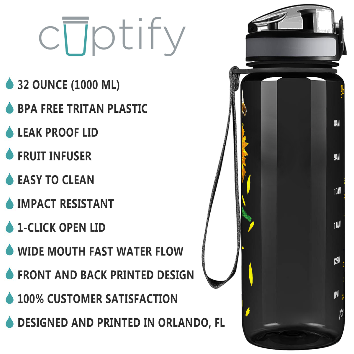 Whisper Words of Wisdom Sunflower on Black 32 oz Motivational Tracking Sunflower Water Bottle