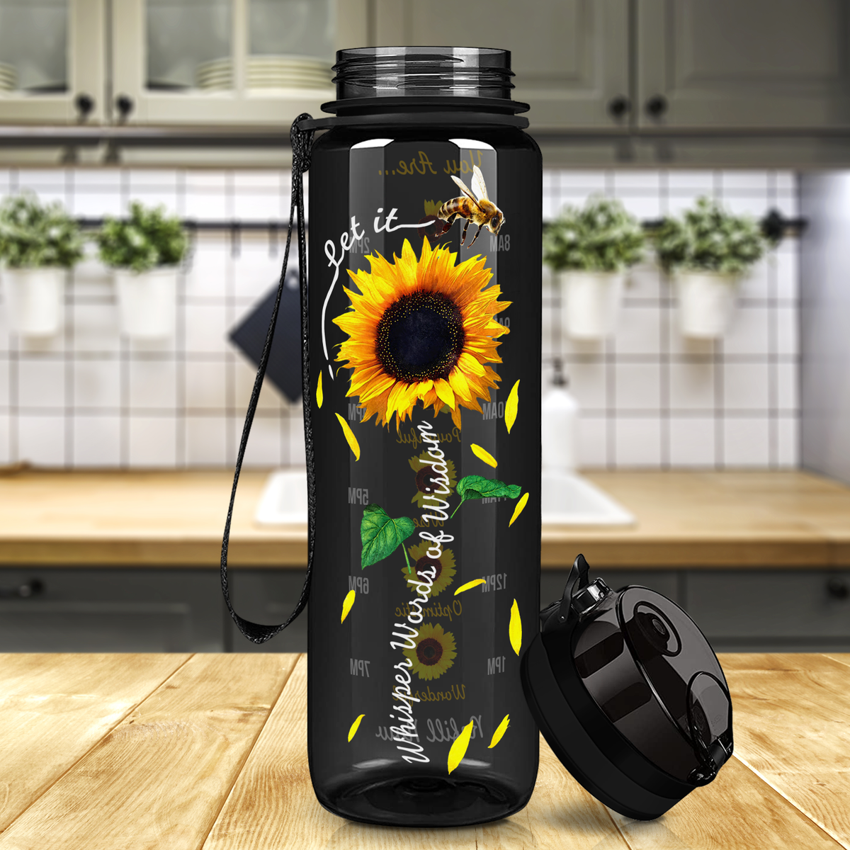 Whisper Words of Wisdom Sunflower on Black 32 oz Motivational Tracking Sunflower Water Bottle