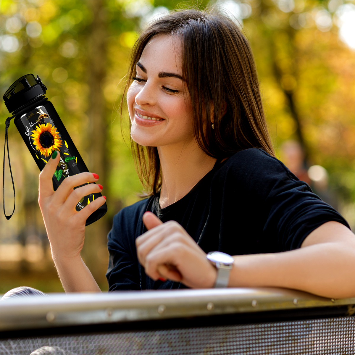 Whisper Words of Wisdom Sunflower on Black 32 oz Motivational Tracking Sunflower Water Bottle
