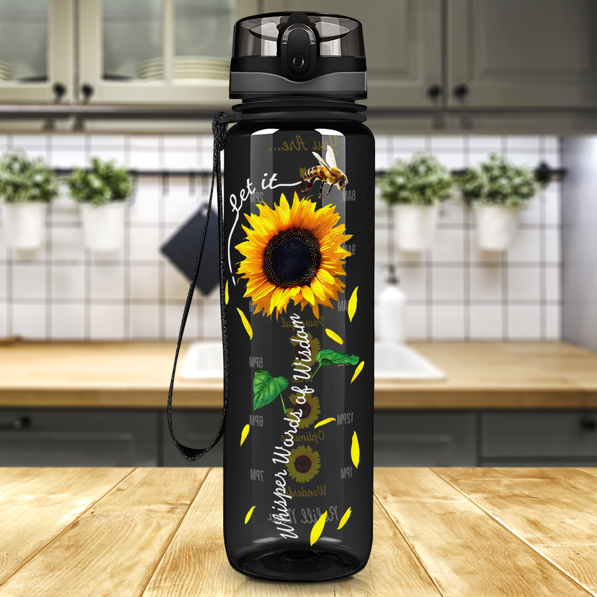 Whisper Words of Wisdom Sunflower on Black 32 oz Motivational Tracking Sunflower Water Bottle