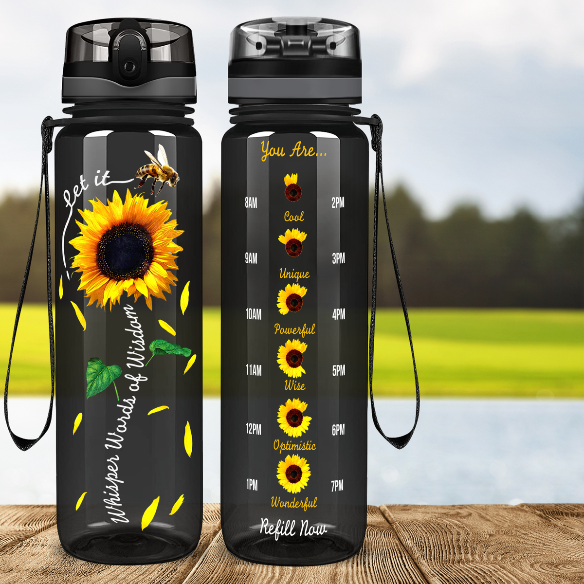 Whisper Words of Wisdom Sunflower on Black 32 oz Motivational Tracking Sunflower Water Bottle