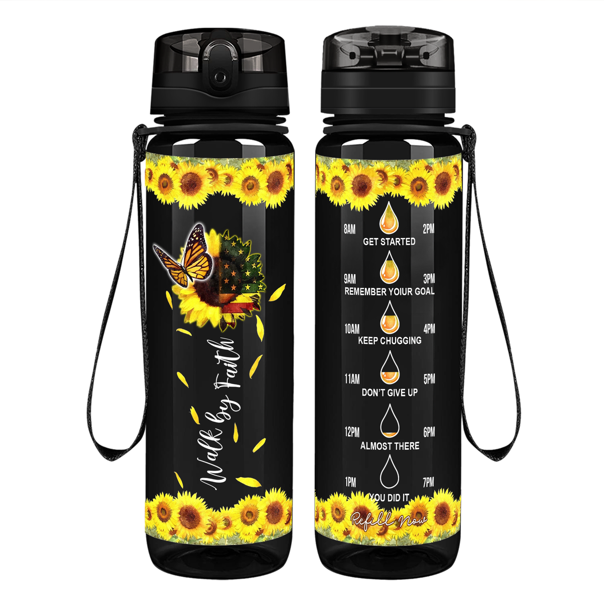 Walk by Faith American Sunflower on 32 oz Motivational Tracking Water Bottle