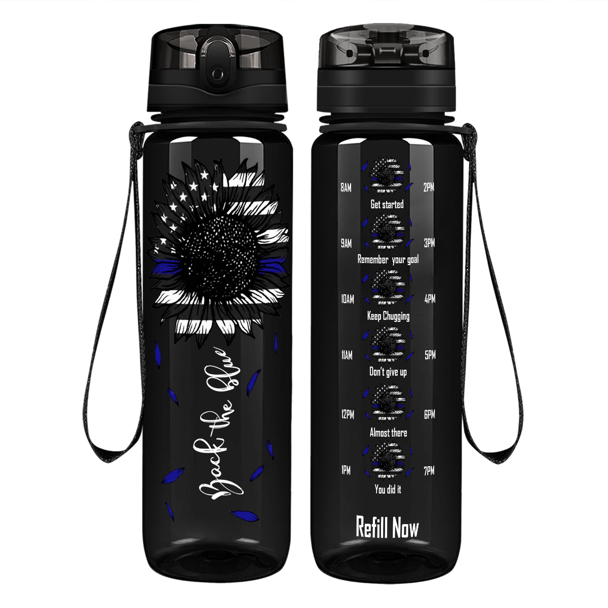Thin Blue Line Sunflower on 32 oz Motivational Tracking Water Bottle