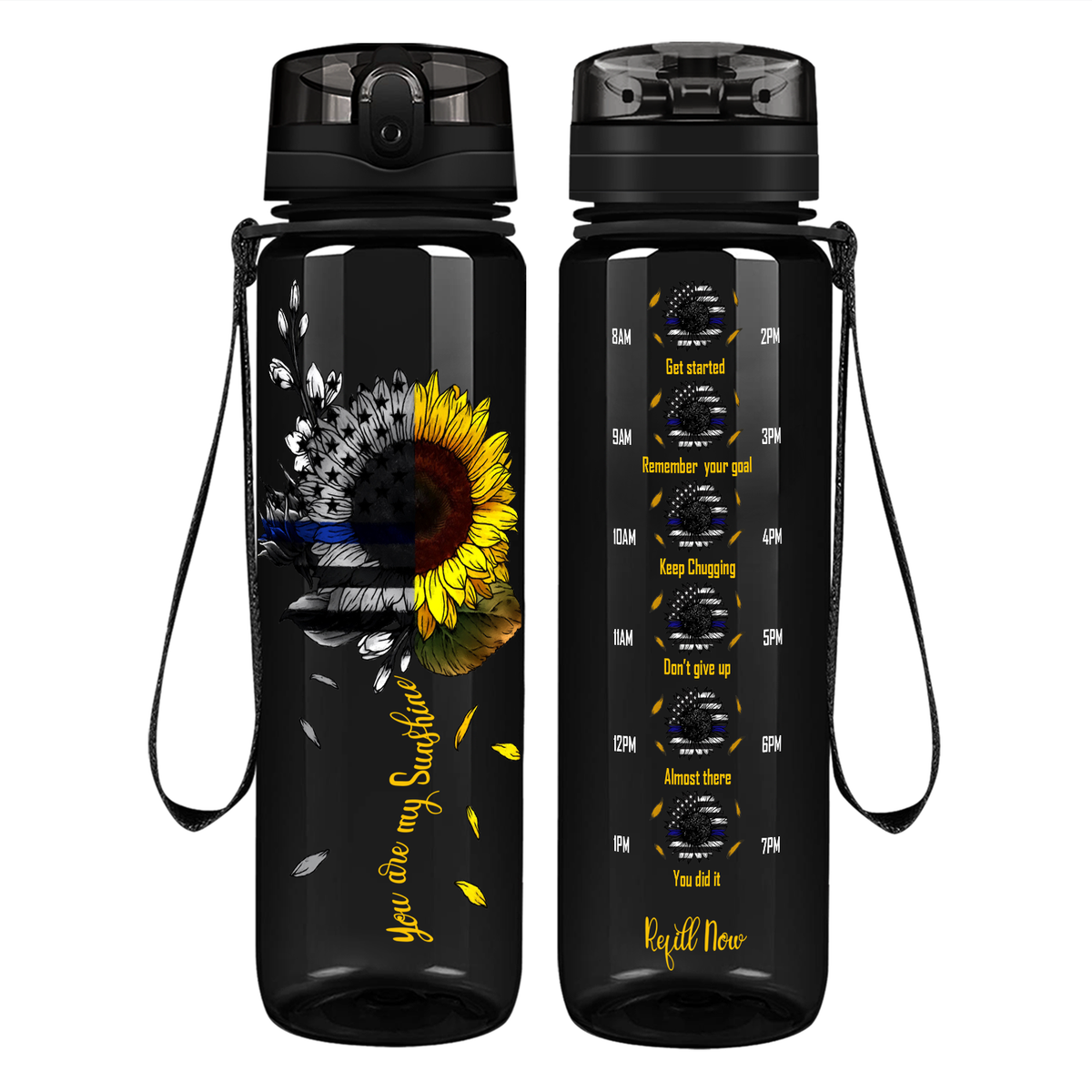 You are my Sunshine Thin Blue Line Sunflower on 32 oz Motivational Tracking Water Bottle